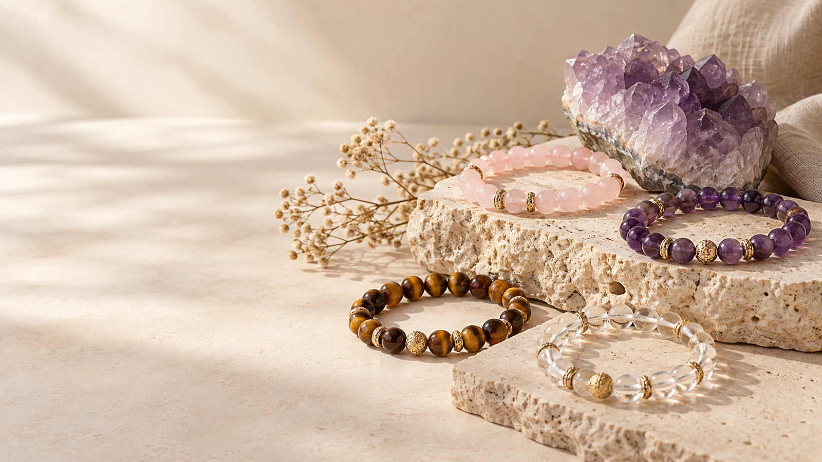 Handmade crystal bracelets in a warm editorial setting
